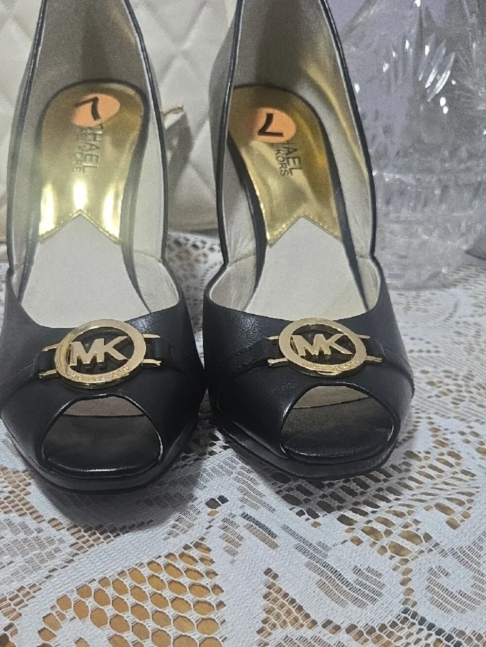 Michael Kors Black Peep-Toe Wedge with Gold MK Emblem